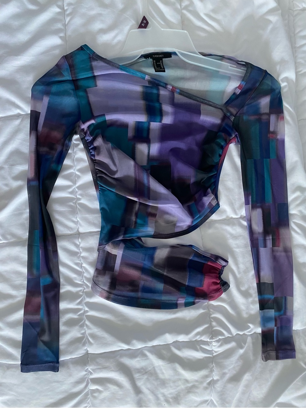 Forever 21 Purple Teal Geometric Mesh Long-Sleeve Top